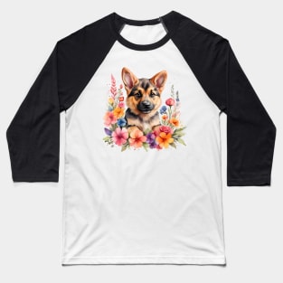 A german shepherd decorated with beautiful watercolor flowers Baseball T-Shirt